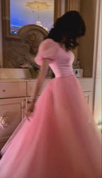 Pretty A Line Short Sleeves Pink Tulle Long Prom Dress Formal Evening Dress
