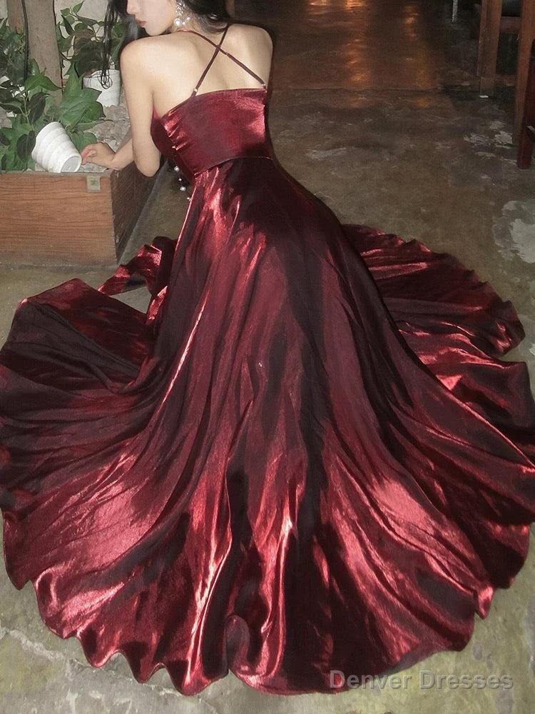 Pretty A Line Spaghetti Straps Burgundy Satin Prom Dresses Evening Gowns Birthday Dress Secondary image