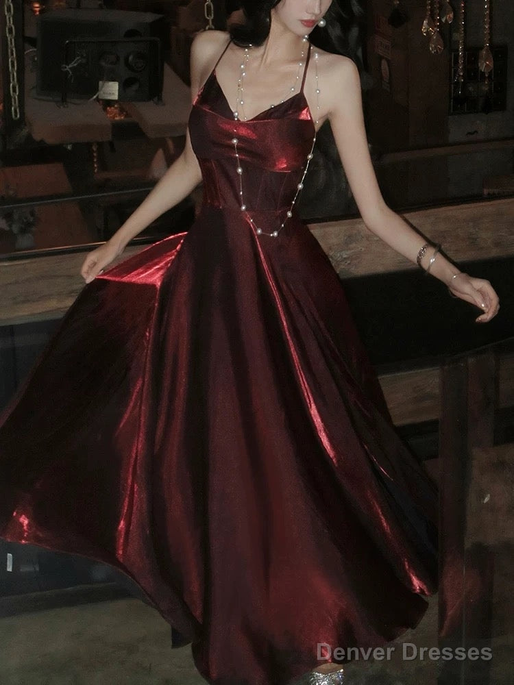 Pretty A Line Spaghetti Straps Burgundy Satin Prom Dresses Evening Gowns Birthday Dress Main image