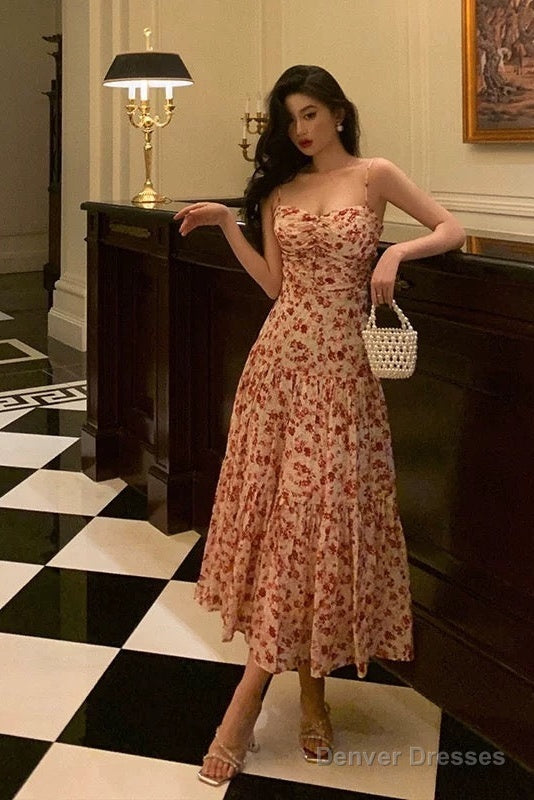 Pretty A Line Spaghetti Straps Chiffon Floral Sleeveless Date Night Dress Prom Dresses Birthday Party Outfit