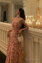 Pretty A Line Spaghetti Straps Chiffon Floral Sleeveless Date Night Dress Prom Dresses Birthday Party Outfit