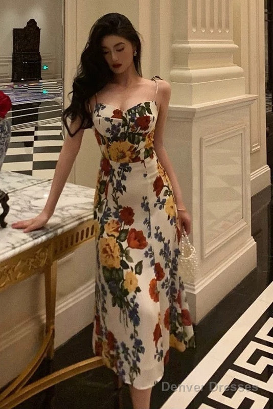 Pretty A Line Spaghetti Straps Floral Date Night Dress Prom Dresses Birthday Party Outfit
