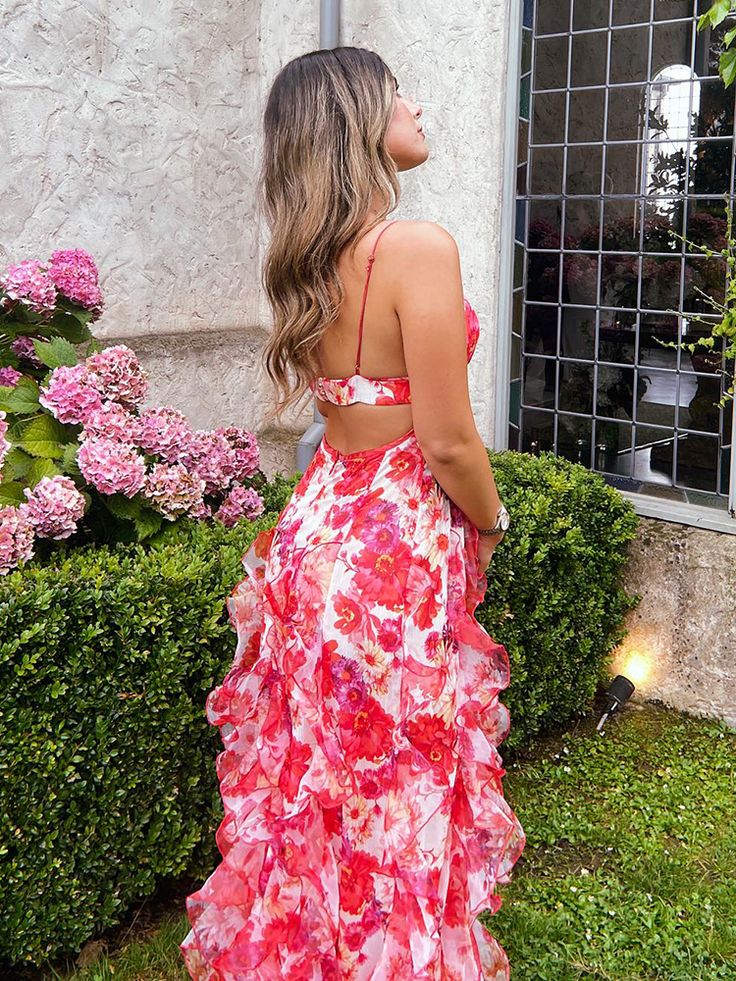 Pretty A Line Spaghetti Straps Floral Red Sleeveless Ruffles Evening Prom Dress Secondary image