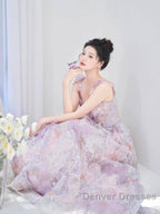 Pretty A Line Spaghetti Straps Pink Floral Long Length Evening Dress Prom Dress