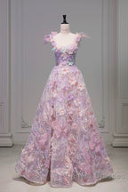 Pretty A Line Spaghetti Straps Pink Floral Long Length Evening Dress Prom Dress