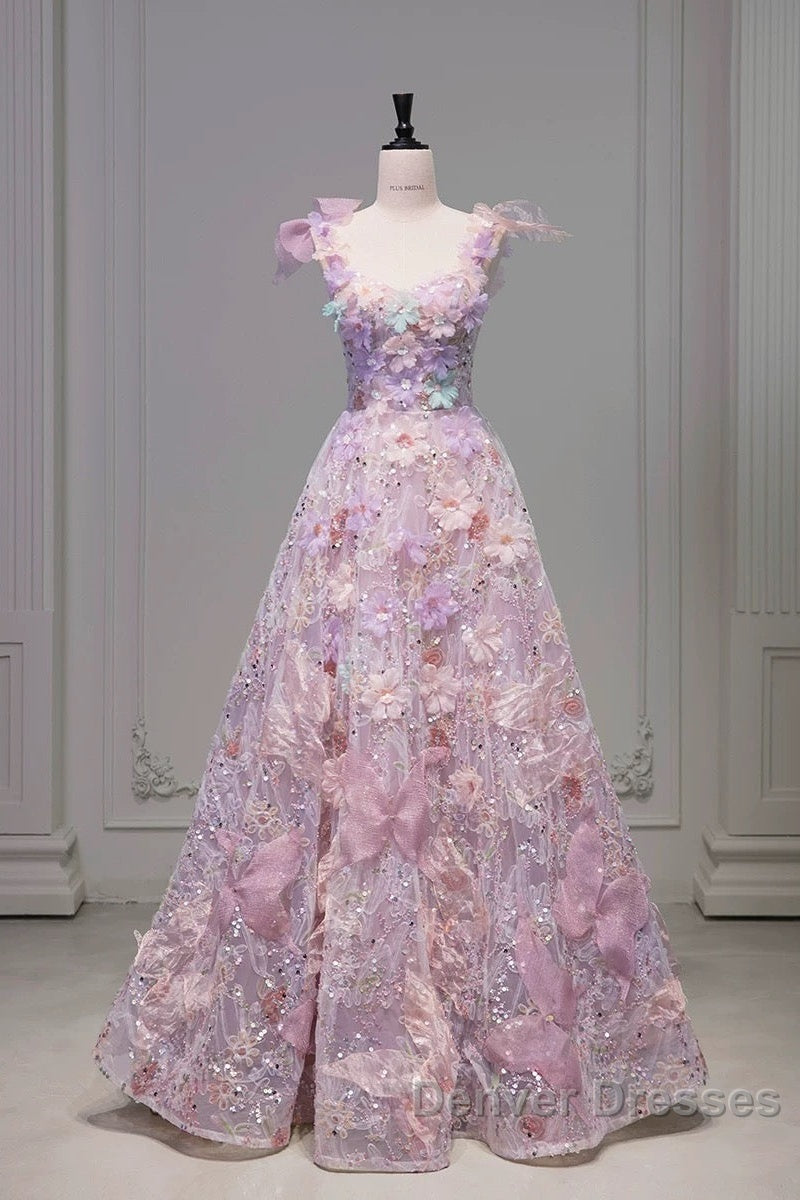 Pretty A Line Spaghetti Straps Pink Floral Long Length Evening Dress Prom Dress