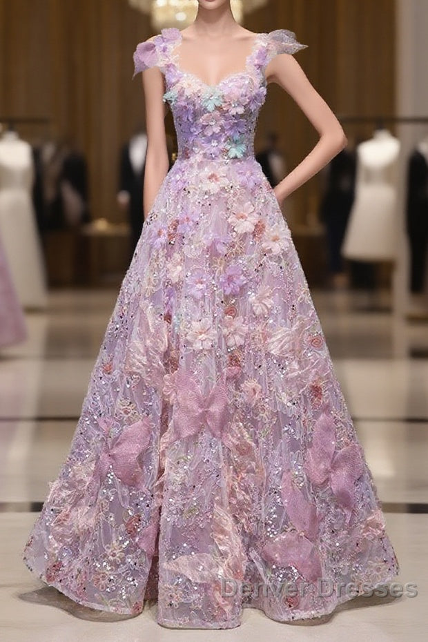 Pretty A Line Spaghetti Straps Pink Floral Long Length Evening Dress Prom Dress Main image