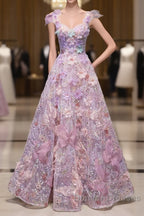 Pretty A Line Spaghetti Straps Pink Floral Long Length Evening Dress Prom Dress