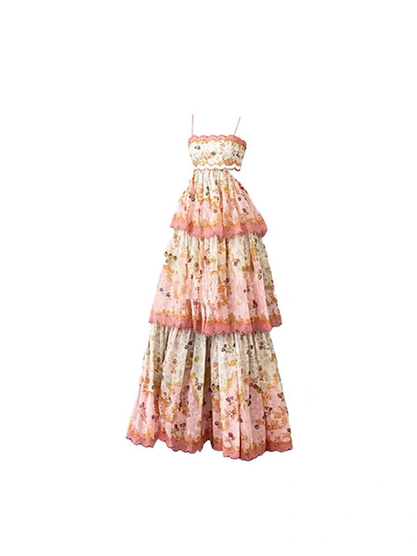 Pretty A Line Spaghetti Straps Pink Floral Ruffles Backless Long Prom Dress Evening Dress