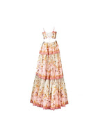 Pretty A Line Spaghetti Straps Pink Floral Ruffles Backless Long Prom Dress Evening Dress