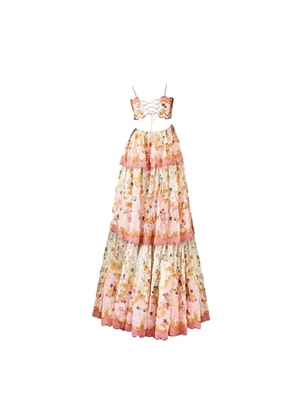 Pretty A Line Spaghetti Straps Pink Floral Ruffles Backless Long Prom Dress Evening Dress