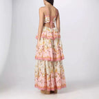 Pretty A Line Spaghetti Straps Pink Floral Ruffles Backless Long Prom Dress Evening Dress