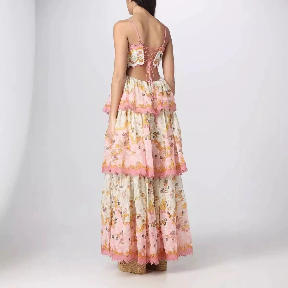 Pretty A Line Spaghetti Straps Pink Floral Ruffles Backless Long Prom Dress Evening Dress