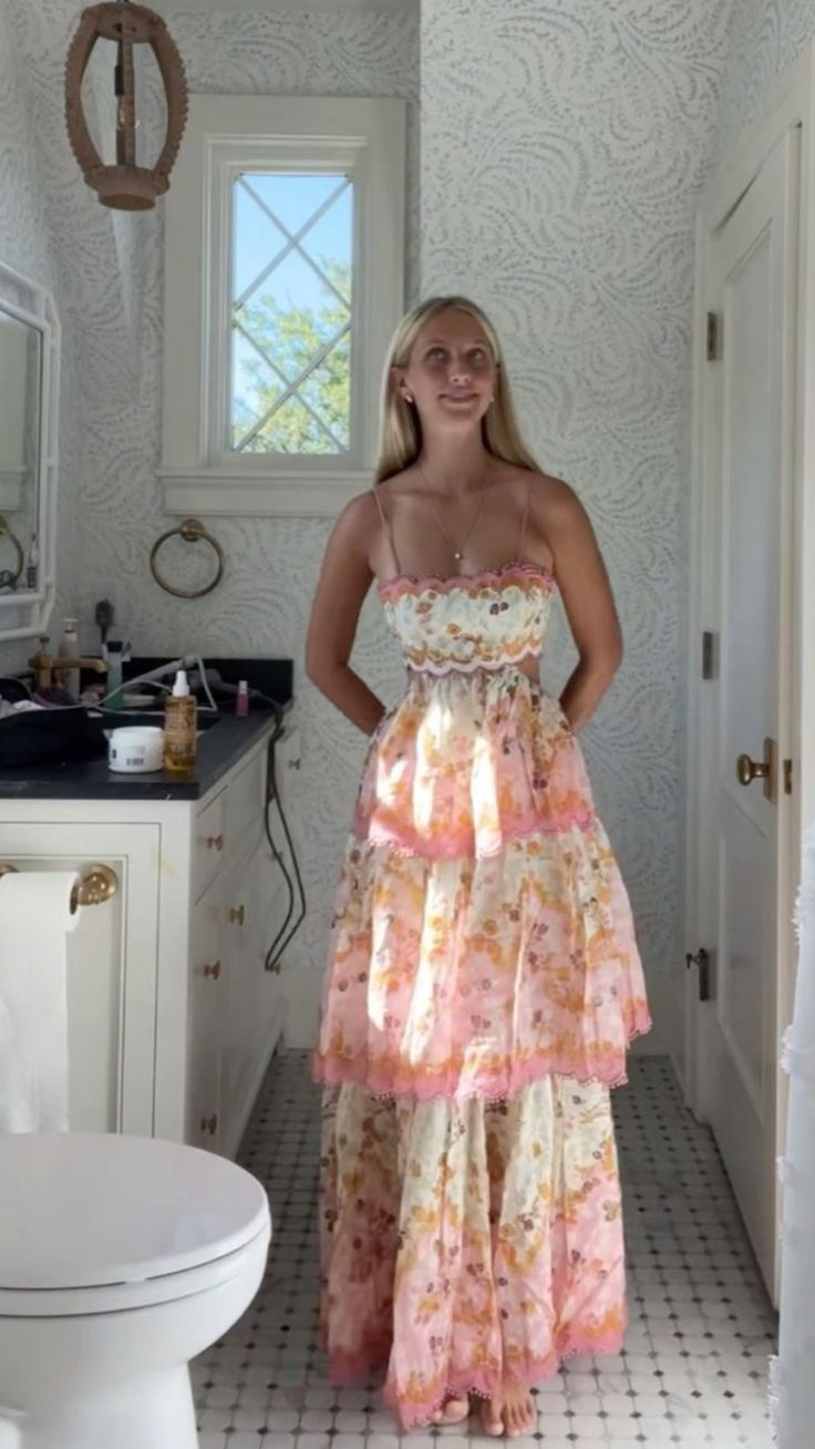 Pretty A Line Spaghetti Straps Pink Floral Ruffles Backless Long Prom Dress Evening Dress Main image