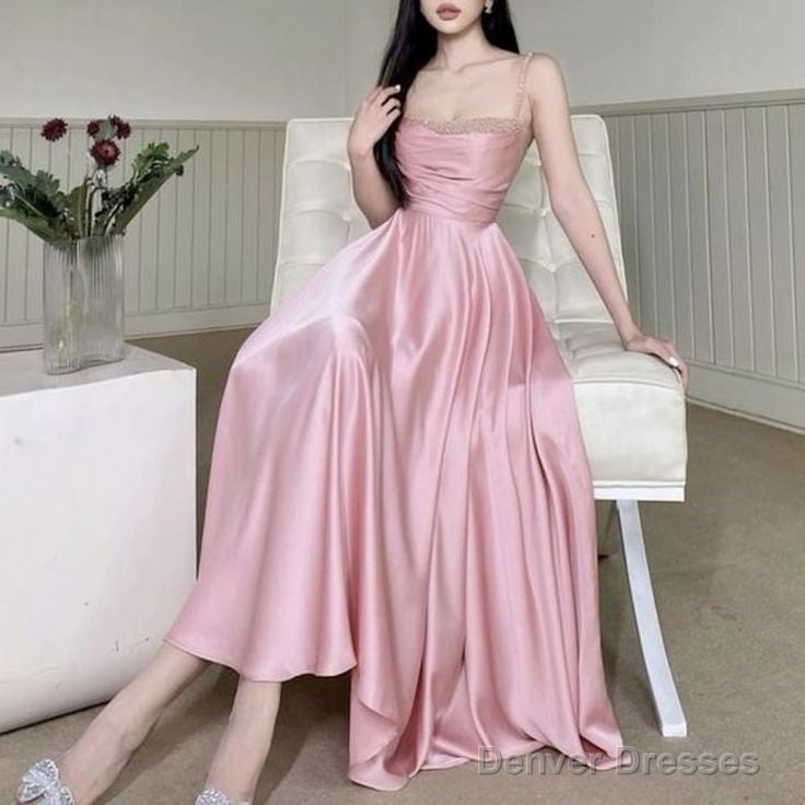 Pretty A Line Spaghetti Straps Pink Satin Prom Dresses Birthday Outfits With Beads Main image