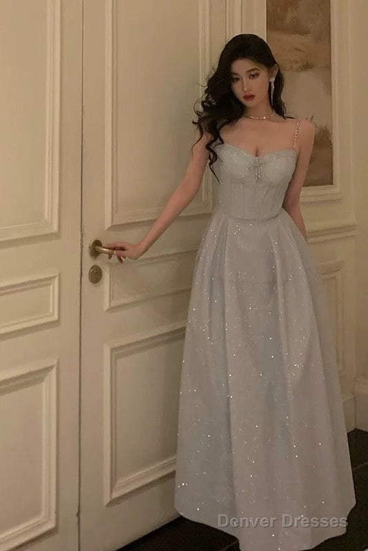 Pretty A Line Spaghetti Straps Pleated Silver Gray Sequin Prom Dresses Birthday Outfits Evening Gown Secondary image
