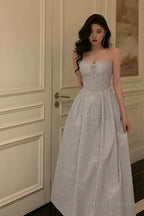 Pretty A Line Spaghetti Straps Pleated Silver Gray Sequin Prom Dresses Birthday Outfits Evening Gown