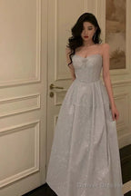 Pretty A Line Spaghetti Straps Pleated Silver Gray Sequin Prom Dresses Birthday Outfits Evening Gown