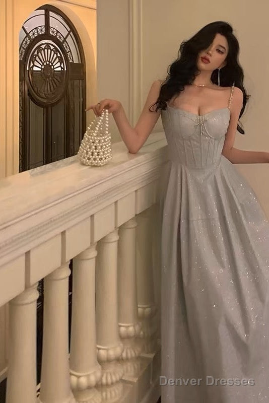 Pretty A Line Spaghetti Straps Pleated Silver Gray Sequin Prom Dresses Birthday Outfits Evening Gown Main image