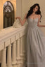 Pretty A Line Spaghetti Straps Pleated Silver Gray Sequin Prom Dresses Birthday Outfits Evening Gown