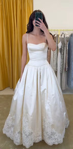 Pretty A Line Spaghetti Straps Stain Lace Long Prom Dress Formal Dress