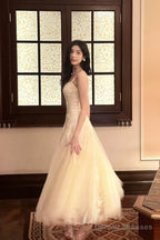 Pretty A Line Spaghetti Straps Tulle Chamapgne Ankle Length Evening Dress Prom Dresses