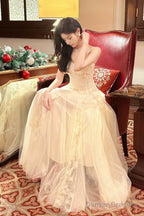 Pretty A Line Spaghetti Straps Tulle Chamapgne Ankle Length Evening Dress Prom Dresses