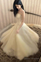 Pretty A Line Spaghetti Straps Tulle Chamapgne Ankle Length Evening Dress Prom Dresses