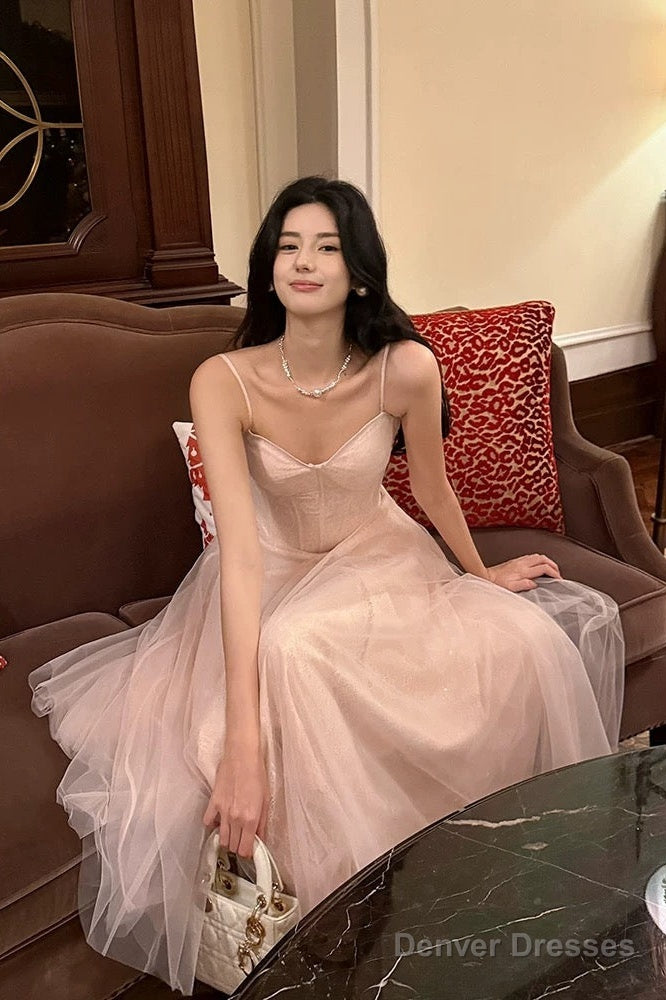 Pretty A Line Spaghetti Straps Tulle Pink Ankle Length Evening Dress Prom Dresses Secondary image