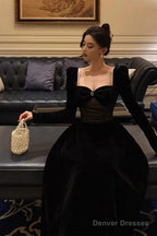 Pretty A Line Square Neckline Long Sleeves Black Velvet Prom Dresses Birthday Outfits Evening Gown