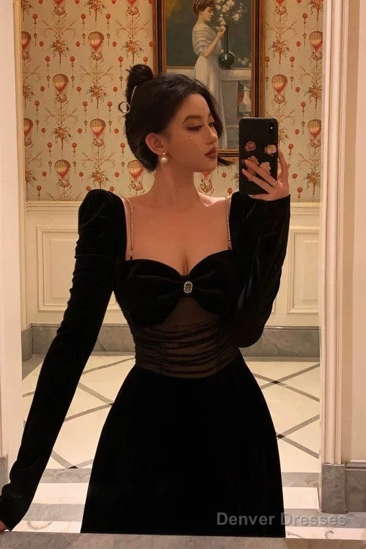 Pretty A Line Square Neckline Long Sleeves Black Velvet Prom Dresses Birthday Outfits Evening Gown