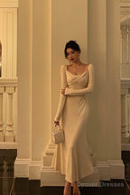 Pretty A Line Square Neckline Long Sleeves Ivory Prom Dresses Birthday Outfits Evening Gown