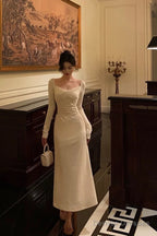 Pretty A Line Square Neckline Long Sleeves Ivory Prom Dresses Birthday Outfits Evening Gown