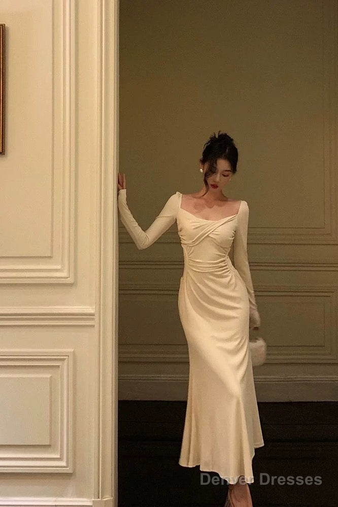 Pretty A Line Square Neckline Long Sleeves Ivory Prom Dresses Birthday Outfits Evening Gown