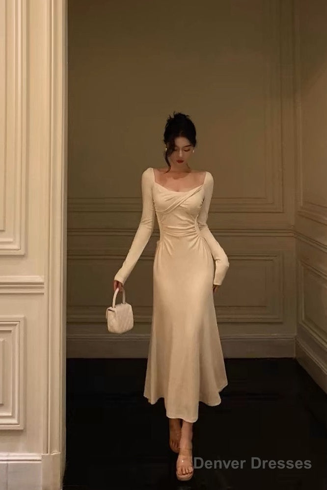 Pretty A Line Square Neckline Long Sleeves Ivory Prom Dresses Birthday Outfits Evening Gown Main image
