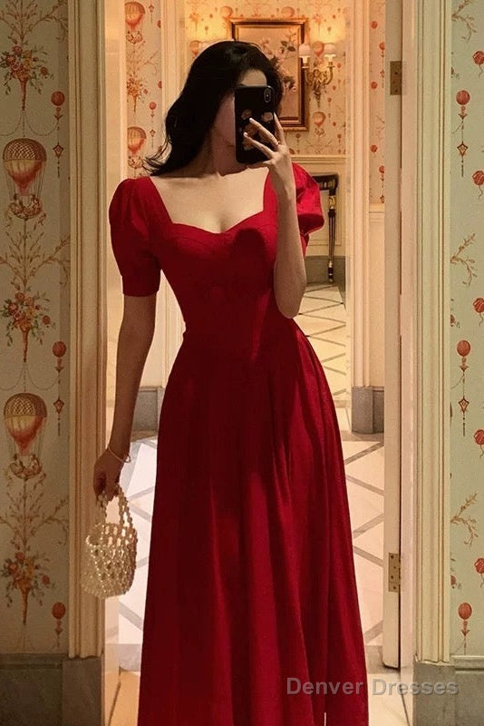 Pretty A Line Square Neckline Red Short Sleeves Date Night Dress Prom Dresses Birthday Party Outfit Secondary image