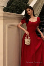 Pretty A Line Square Neckline Red Short Sleeves Date Night Dress Prom Dresses Birthday Party Outfit
