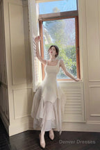 Pretty A Line Square Neckline White Ankle Length Evening Dress Prom Dresses