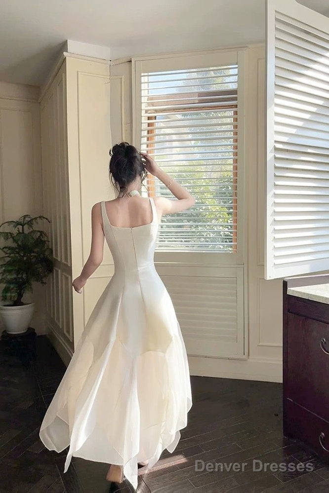 Pretty A Line Square Neckline White Ankle Length Evening Dress Prom Dresses