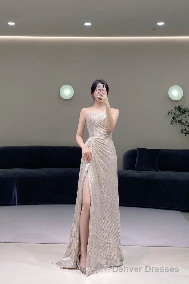 Pretty A Line Strapless Sequin Evening Dress Long Slit Prom Dresses Main image