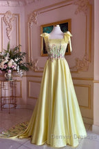 Pretty A Line Straps Satin Yellow Long Prom Dress Formal Evening Dress