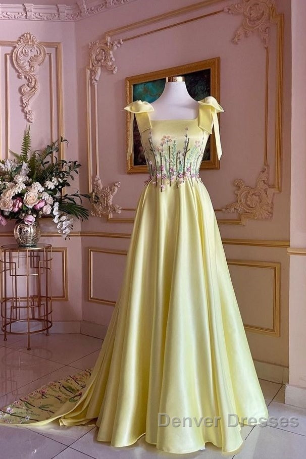 Pretty A Line Straps Satin Yellow Long Prom Dress Formal Evening Dress