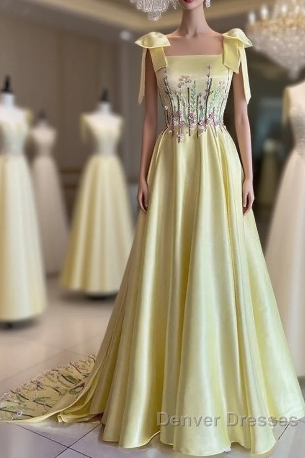 Pretty A Line Straps Satin Yellow Long Prom Dress Formal Evening Dress Main image