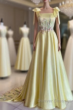 Pretty A Line Straps Satin Yellow Long Prom Dress Formal Evening Dress