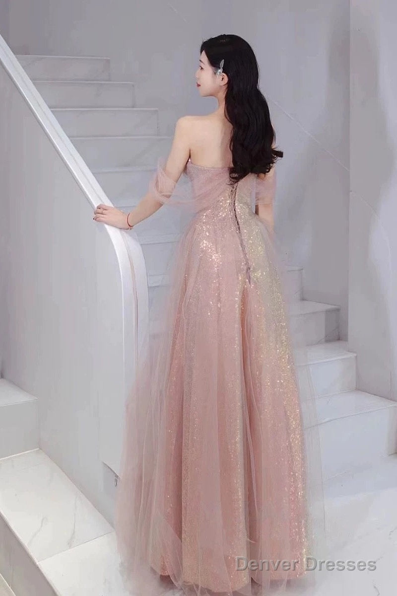Pretty A Line Sweetheart Pink Sequin Long Length Evening Dress Prom Dresses