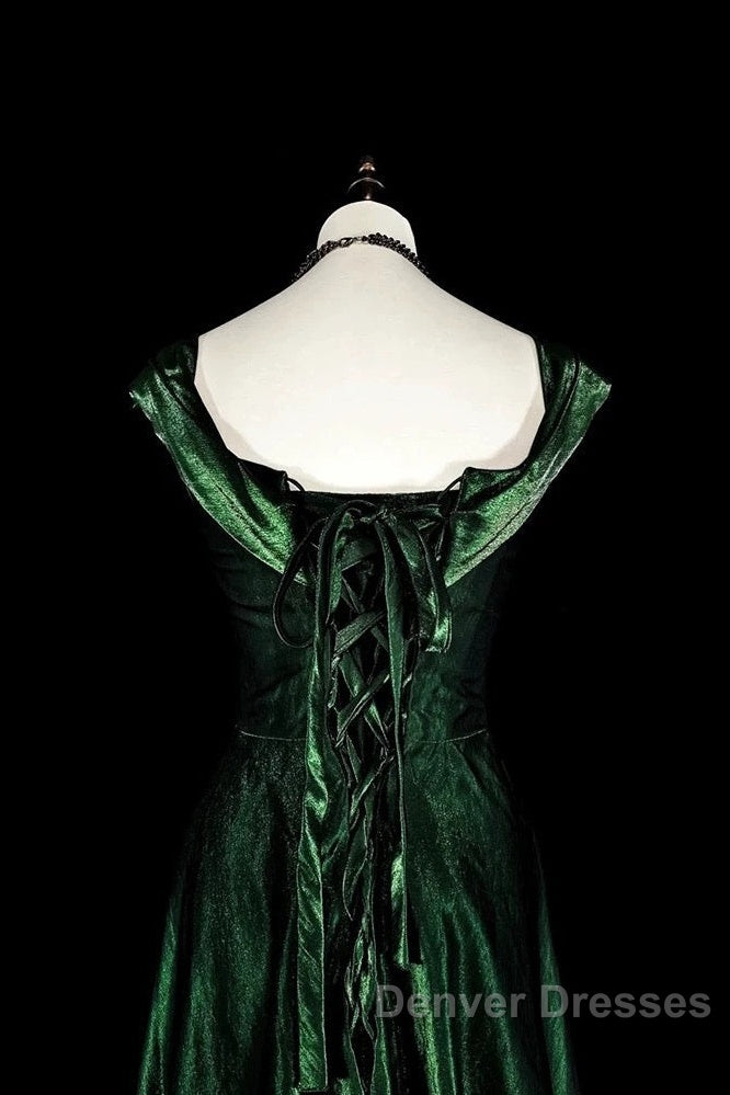 Pretty A Line Sweetheart Ruffles Long Evening Dress Green Velvet Prom Dress