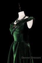 Pretty A Line Sweetheart Ruffles Long Evening Dress Green Velvet Prom Dress