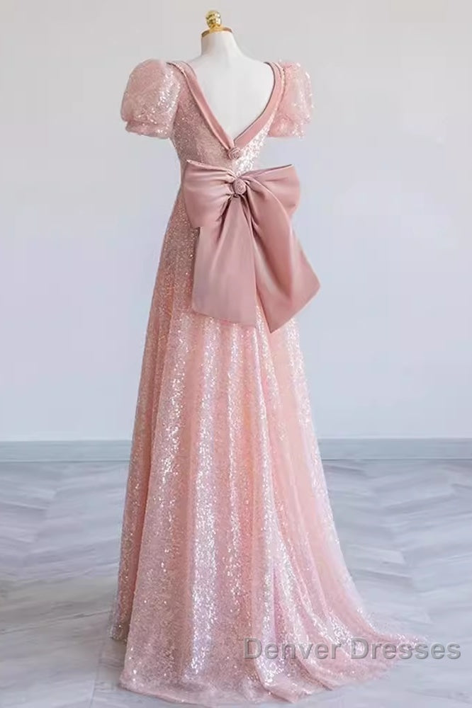 Pretty A Line Sweetheart Short Sleeves Long Evening Party Dress Pink Prom Dress Secondary image