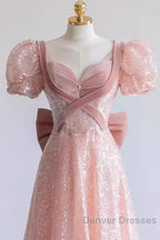 Pretty A Line Sweetheart Short Sleeves Long Evening Party Dress Pink Prom Dress