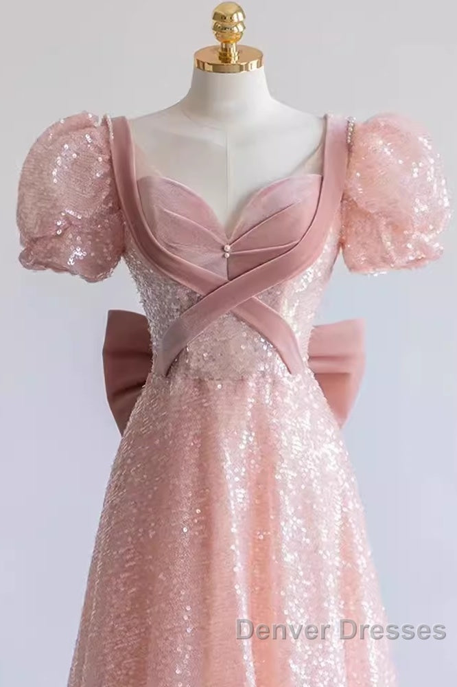 Pretty A Line Sweetheart Short Sleeves Long Evening Party Dress Pink Prom Dress